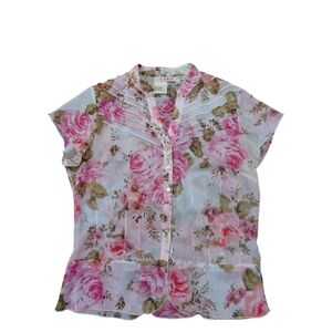 Pink and White Ruffled Peplum Blouse with Mandarin Collar